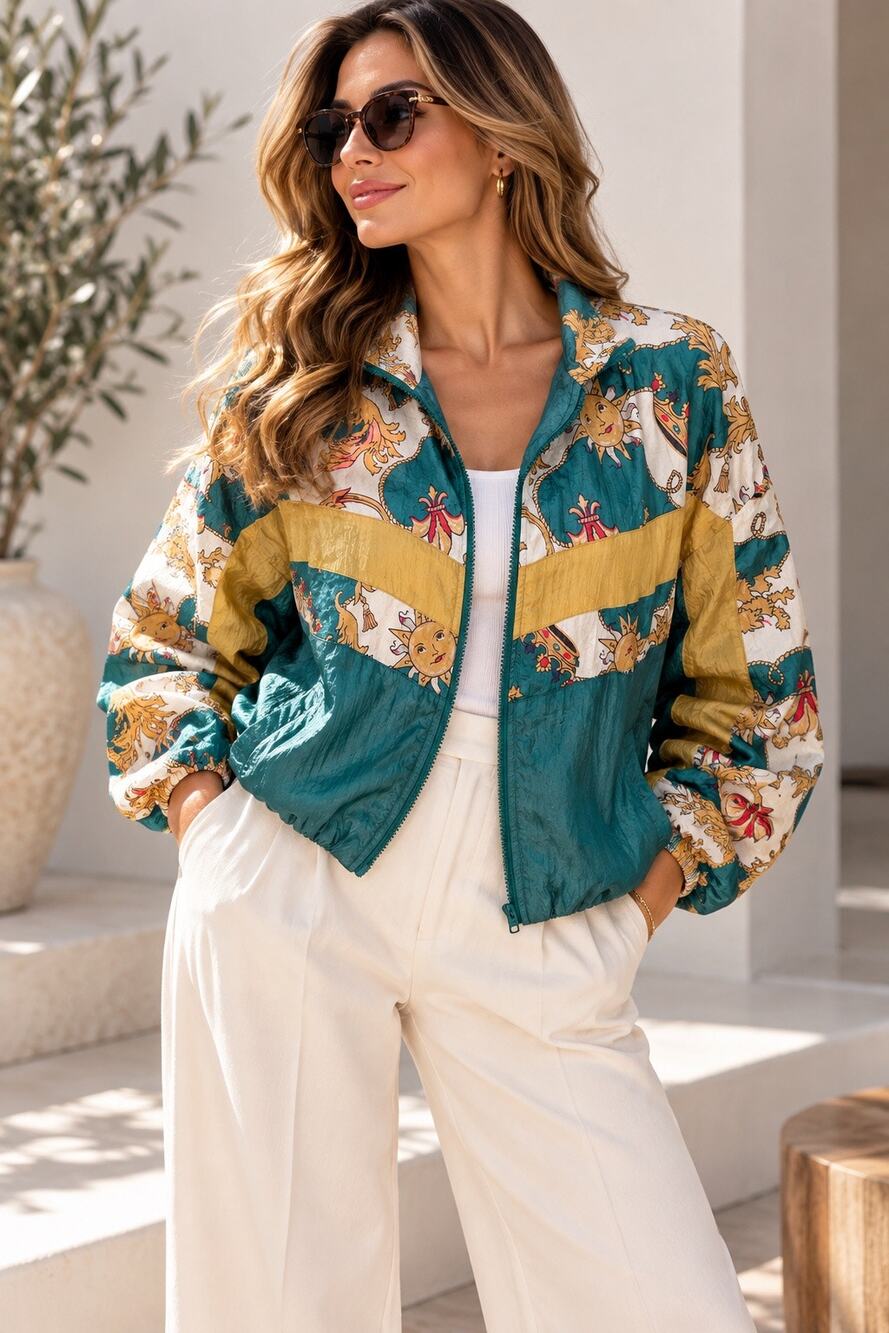 Active Elements Vintage 80s 90sWindbreaker Jacket Size L Teal Gold Baroque Print
